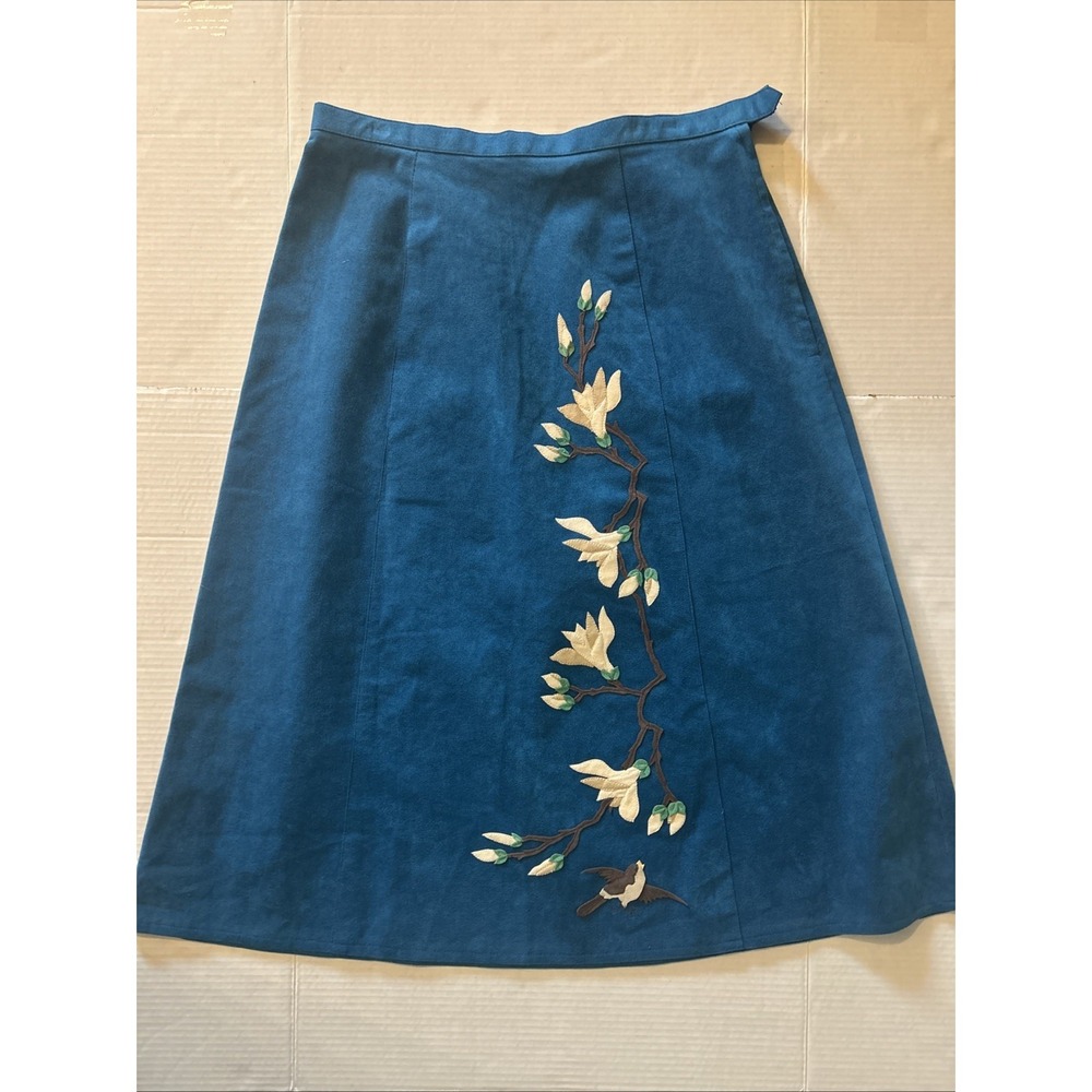 Vintage Ultra Suede Clarissa Skirt Womens Size 16 Blue With Birds Waist 16"